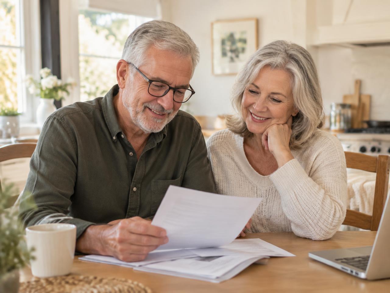 Senior couple reviewing their final expense insurance options together at home